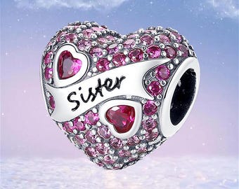 S925 Silver Sister Charm , Pink Sparkling Charm for Bracelet Necklace