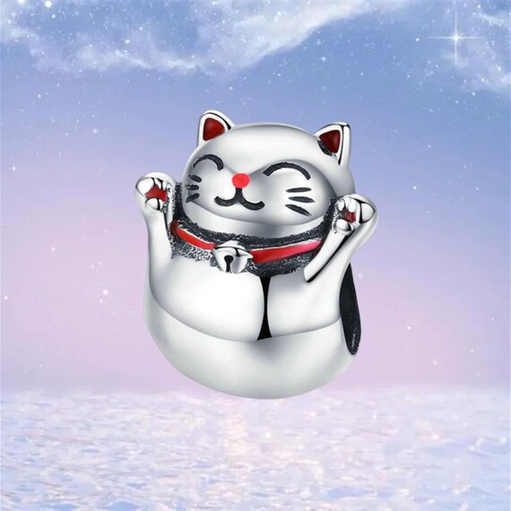 Maneki Neko Charm Lucky Cat Charm,925 Sterling Silver Charms Fit