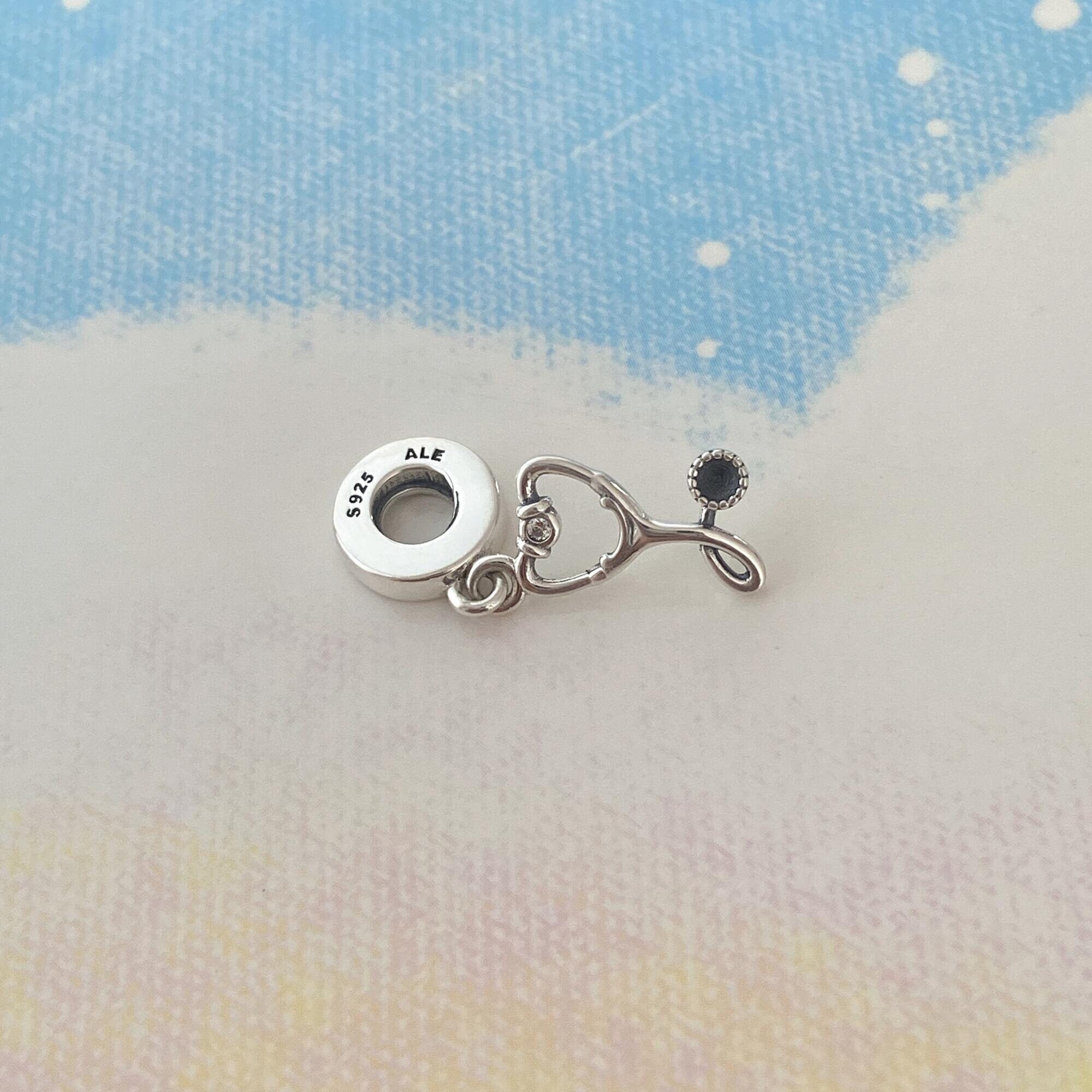 Stethoscope Heart Dangle Charm,925 Sterling Silver Charm for Bracelet