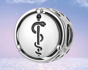 Rod of Asclepius Charm,Solid 925 Sterling Silver Charm for Bracelet,Necklace Pendant