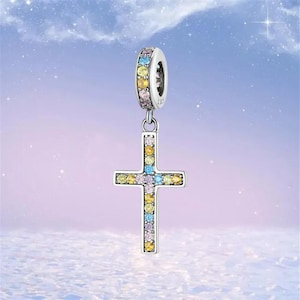 Funkelnder bunter Kreuz Charm,S925 Sterling Silber Charm für Armband,Halsketten Anhänger