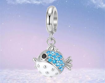 Blue Puffer Fish Dangle Charm,925 Sterling Silver Charm for Bracelet,Necklace Pendant