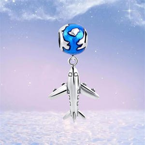 Airplane Traveling Globe Dangle Charm,925 Sterling Silver Charms fit Pandora Bracelet,Necklace Pendant