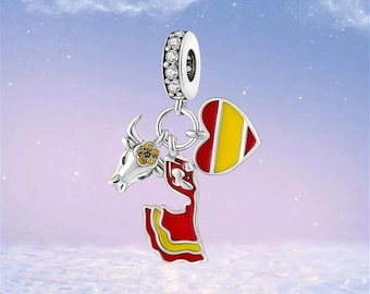 Spain Flag Heart Charm, Flamenco Charm, Bull Charm Fit for Pandora
