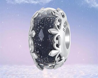 Iris Black Murano Glass Charm,925 Sterling Silver Charms for Bracelet,Necklace Pendant