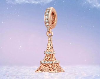Paris Eiffel Tower Dangle Charm,925 Sterling Silver Rose Gold Charms for Bracelet,Necklace Pendant