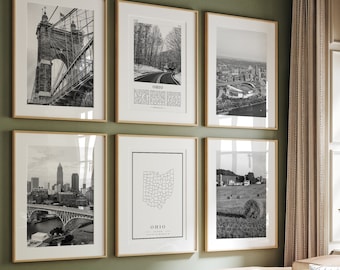Ohio Black and White Photo Prints: State Map, Landmarks