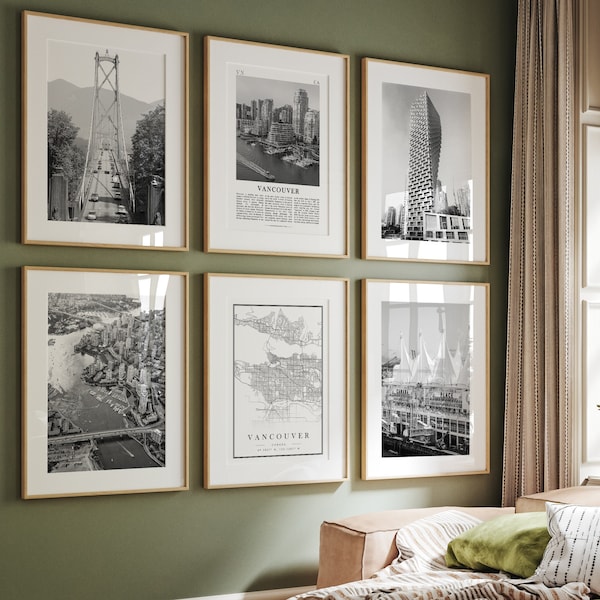 Vancouver City Black and White Art Prints Set of 6, Vancouver Photo Gallery Wall, Vancouver Map Poster, Canada, British Columbia