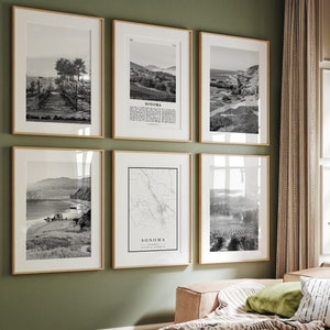 Sonoma County Prints, Sonoma County Black And White Prints Set of 6, Sonoma County Wall Art, Sonoma County Map, California