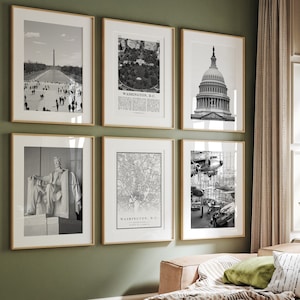 Lot de 6 tirages d'impressions noir et blanc, Washington DC, District de Columbia, galerie de photos de Washington DC, carte du District de Columbia