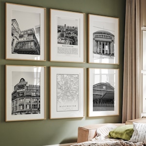 Manchester City Prints, Manchester Schwarzweiß-Drucke, 6er-Set, Manchester Wandkunst, Manchester Fotogalerie, Manchester Karte, England