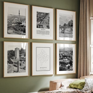 Kaukasus Stadtdrucke, Kosowo Schwarzweiß-Drucke 6er-Set, Kosovan Wandkunst, Kosowo Fotogalerie, Kosowo Karte, Pristina, Balkan, Prizren