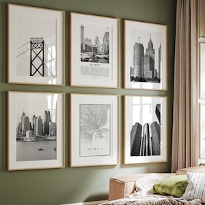 Detroit Michigan Black and White City Prints, Detroit City Wall Art Set of 6, Detroit Photo Gallery, Detroit City Map, United States