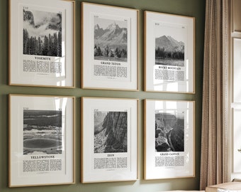 US National Parks Black and White Prints Set of 6, Yosemite, Yellowstone, Grand Canyon, Zion, Grand Teton and  Rocky Mountain National Parks