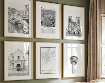 May include: A living room with a green wall and a light brown couch. There are six framed black and white prints on the wall, each depicting a different landmark in San Antonio, Texas. The prints include the Alamo, the River Walk, the Tower of the Americas, and the San Fernando Cathedral.