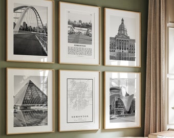 May include: Black and white photographs of various landmarks in Edmonton, Canada. The photos include a bridge, a building with a dome, a map of the city, and a modern art museum.
