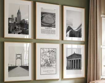 Minimal Nashville City Print Black and White Prints Set of 6, Nashville City Photo Gallery, Nashville Map, Tennessee, US, United States