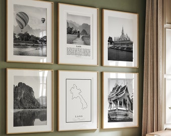 Laos Black and White Landmark Prints: Photo Gallery Set of 6