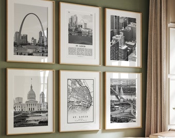 St. Louis Missouri Black and White, St. Louis Wall Art Set of 6, St. Louis Photo Gallery, St. Louis Map, United States, USA