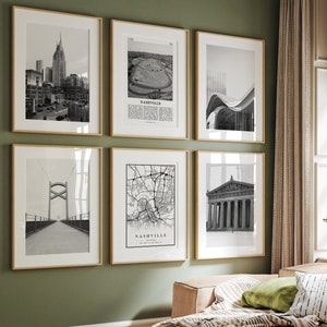 Conjunto de 6 impressões minimalistas em preto e branco da cidade de Nashville, galeria de fotos da cidade de Nashville, mapa de Nashville, Tennessee, EUA