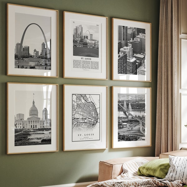 St. Louis Missouri Black and White, St. Louis Wall Art Set of 6, St. Louis Photo Gallery, St. Louis Map, United States, USA