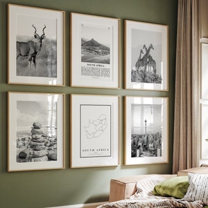 Zuid-Afrika prints, Zuid-Afrika zwart-wit prints set van 6, Zuid-Afrika kunst aan de muur, Zuid-Afrika fotogalerij, Zuid-Afrika kaart