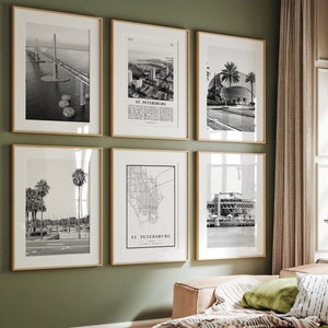 St. Petersburg stadsprints, St. Petersburg zwart-wit prints set van 6, St. Petersburg kunst aan de muur, St. Petersburg kaart, Florida Florida