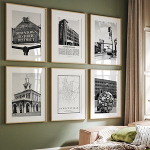 Fayetteville City Prints, Fayetteville Black and White Prints Set of 6, Fayetteville Wall Art Gallery, Fayetteville Map, North Carolina
