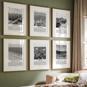 Virginia Black and White City Prints Set of 6, Virginia Photo, Virginia Beach, Norfolk, Alexandria, Charlottesville, Richmond, Roanoke, VA