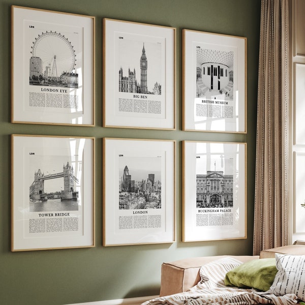 London Prints Set of 6 | Black And White Wall Art Gallery Prints | London Eye | Tower Bridge | Big Ben | Buckingham Palace | British Museum