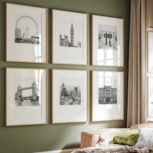 Set van 6 Londense prints | Zwart-witte kunstgalerieafdrukken aan de muur | London Eye | Tower Bridge | Big Ben | Buckingham Palace | Brits museum