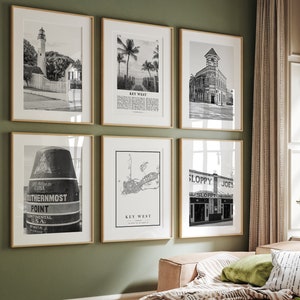 Key West City Prints, Key West zwart-wit prints set van 6, Key West kunst aan de muur, Key West fotogalerij, Key West kaart, Florida, FL