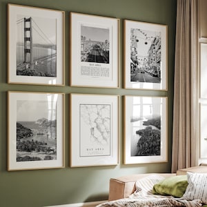 San Francisco Bay Area Californië print, Bay Area zwart-wit prints set van 6, Bay Area fotogalerij, Bay Area kaart