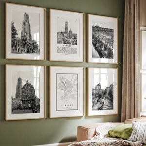 Stadsafdrukken Utrecht, set van 6 zwart-witafdrukken Utrecht, Utrecht Wall Art, Utrecht Photo Gallery, Utrecht Map, Netherlands