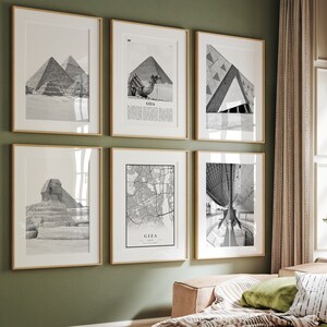 Giza Drucke 6er Set | Schwarz Weiß Wand Kunst | Pyramiden von Gizeh | Große Sphinx | Solarboot-Museum | Grand Ägyptisches Museum | Ägypten