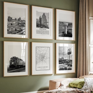 Greensboro NC City Print, Greensboro Black and White Set of 6, Greensboro Photo Gallery, Greensboro City Map, North Carolina Poster