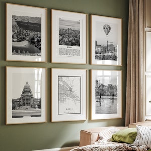 Boise City Prints, Boise Black and White Prints Set of 6, Boise Wall Art, Boise Photo Gallery, Boise Map, Idaho, ID