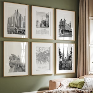 Impresiones de la ciudad de Sao Paulo, Impresiones en blanco y negro de Sao Paulo Conjunto de 6, Arte mural de São Paulo, Galería de fotos de São Paulo, Mapa de Sao Paulo, Brasil