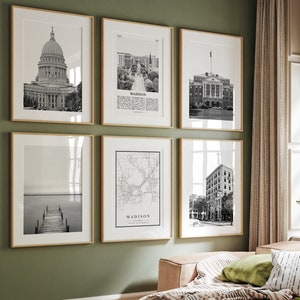 Madison City Prints, Madison Black And White Prints Set of 6, Madison Wall Art, Madison Photo Gallery, Madison Map, Wisconsin