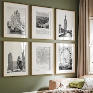 Láminas de la ciudad de Londres, láminas en blanco y negro de Londres (juego de 6), arte mural de Londres, galería de fotos de Londres, mapa de Londres, Inglaterra, Reino Unido