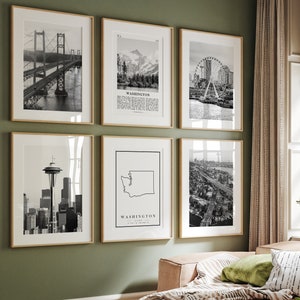 Washington WA State Prints, Washington zwart-wit prints set van 6, Washington Photo Gallery, Washington map, Olympia