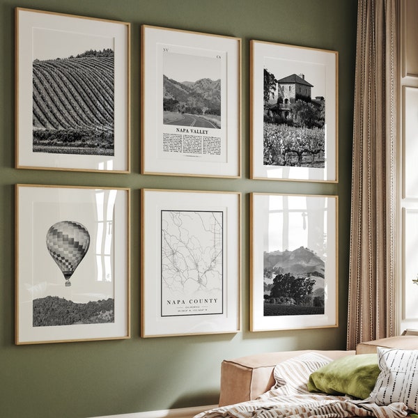 Napa Valley Black and White Print, Napa Valley Set of 6, Napa Valley Art Prints, Napa Valley Photo Gallery, Napa Valley Map, California