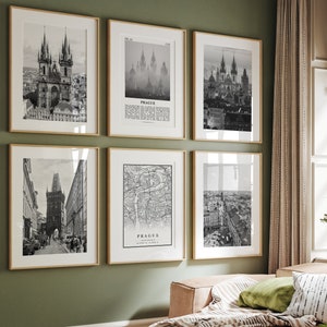 Praagse print, Prague City zwart-wit set van 6, Prague City poster, Prague Photo Gallery, Prague City Map, Czech Republic
