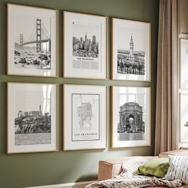 San Francisco Prints Set of 6 | Black & White Art | Golden Gate Bridge | Alcatraz Island | Skyline | Palace of Fine Arts | Ferry Building