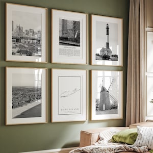 Láminas de Long Island, Juego de 6 láminas en blanco y negro de Long Island, Arte mural de Long Island, Galería de fotos de Long Island, Mapa de Long Island, Nueva York