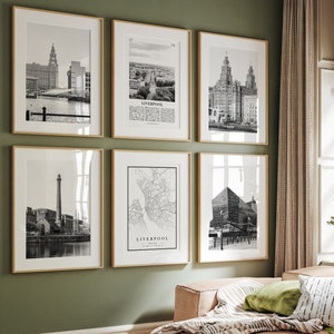 Láminas de la ciudad de Liverpool, láminas en blanco y negro (juego de 6), arte mural de Liverpool, galería de fotos de Liverpool, mapa de Liverpool, Inglaterra, Reino Unido