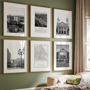 San Jose City Prints, San Jose Black and White Prints Set of 6, San Jose Wall Art, San Jose Photo Gallery, San Jose Map, California CA