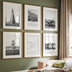 Impressões da cidade de Reykjavík, conjunto de 6 impressões em preto e branco de Reykjavík, arte de parede de Reykjavík, galeria de fotos de Reykjavík, mapa de Reykjavík, Islândia