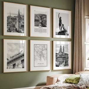 Zürich City Prints, Zürich Black and White Prints Set of 6, Zürich Wall Art, Zürich Photo Gallery, Zürich Map, Switzerland