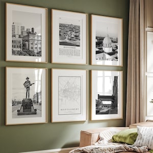 Montgomery City Prints, Montgomery Schwarzweißdruck 6er-Set, Montgomery Wandkunst, Montgomery Fotogalerie, Karte von Montgomery, Alabama